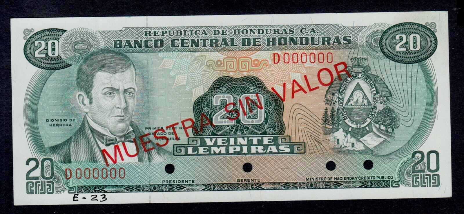  Diagonal red MUESTRA SIN VALUE ovpt front/back; no date; no sig ; all-zero s/n 