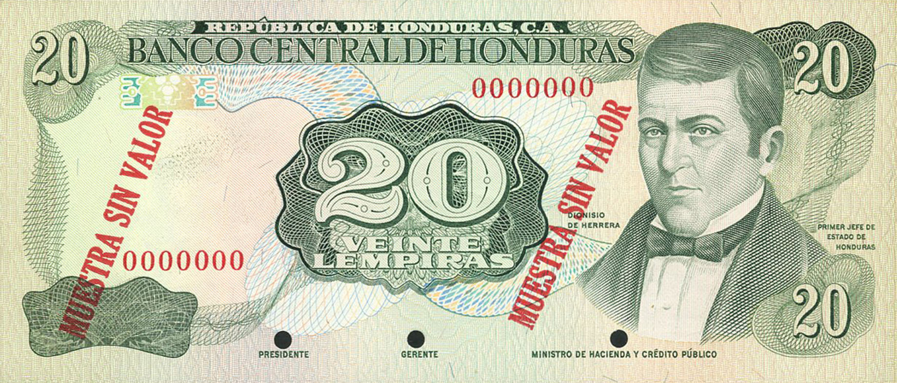  Two diagonal red MUESTRA SIN VALOR ovpts front; no date; no sig ; all-zero s/n 