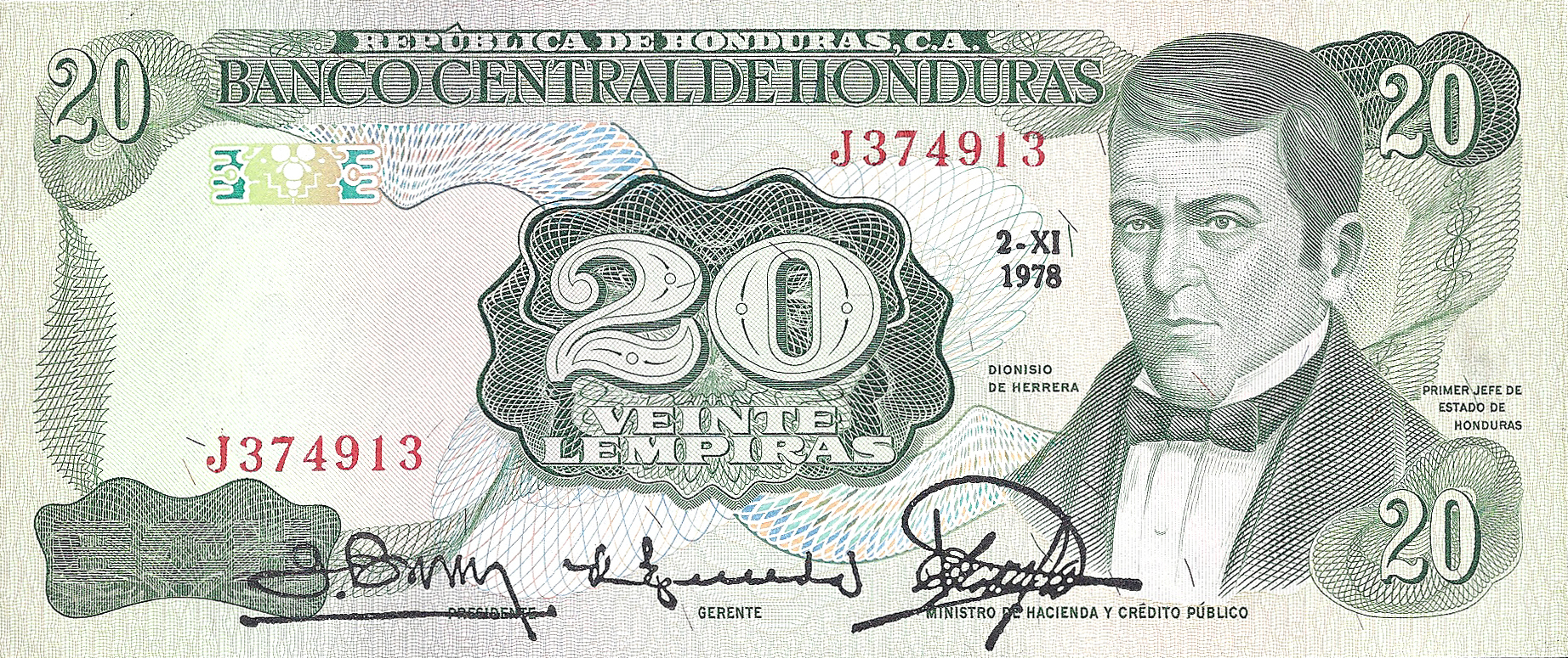  2-XI 1978 Sig 12: Bueso/Euceda/Zavala Horizontal date to left of portrait Prefix J, K 