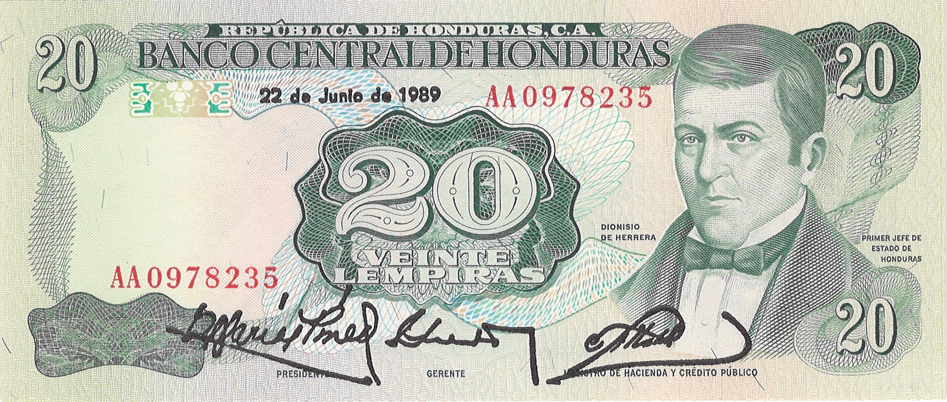  22 de Junio de 1989 Sig 19: Carias/Pineda/Falck Horizontal date upper left Prefix AA 