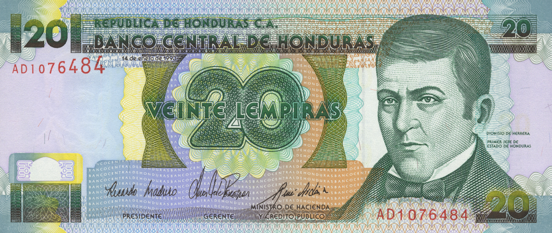  14 de enero de 1993 Sig 21: Maduro/Mejia/Ardon Printer: THOMAS DE LA RUE AND COMPANY LIMITED Red s/n Prefix AC, AD 