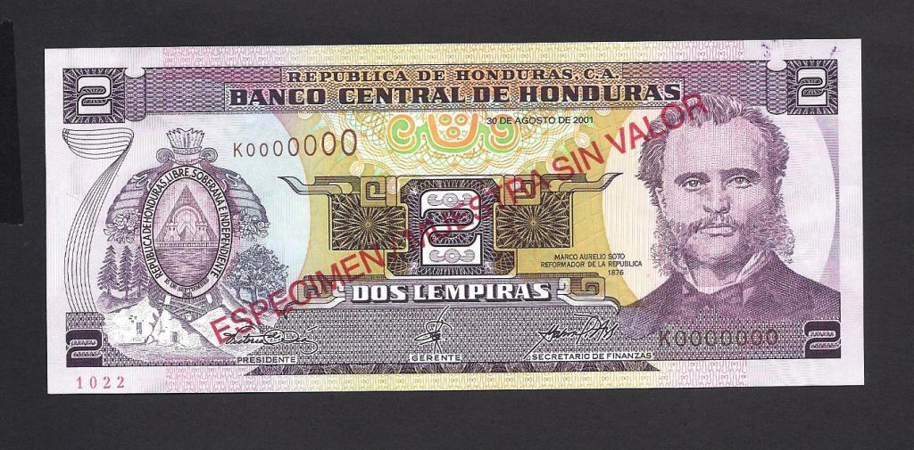  Diagonal red ESPECIMEN / MUESTRA SIN VALOR ovpt front/back; horizontal red # ovpt lower left front; all-zero s/n 