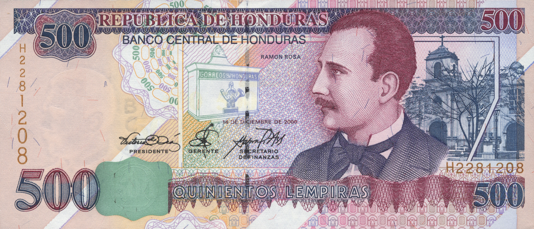  14 DE DICIEMBRE DE 2000 Sig 24: Asfura/Anariba/Núñez Windowed thread with demetalized BCH 500 Wmk: Electrotype BCH added Prefix H 