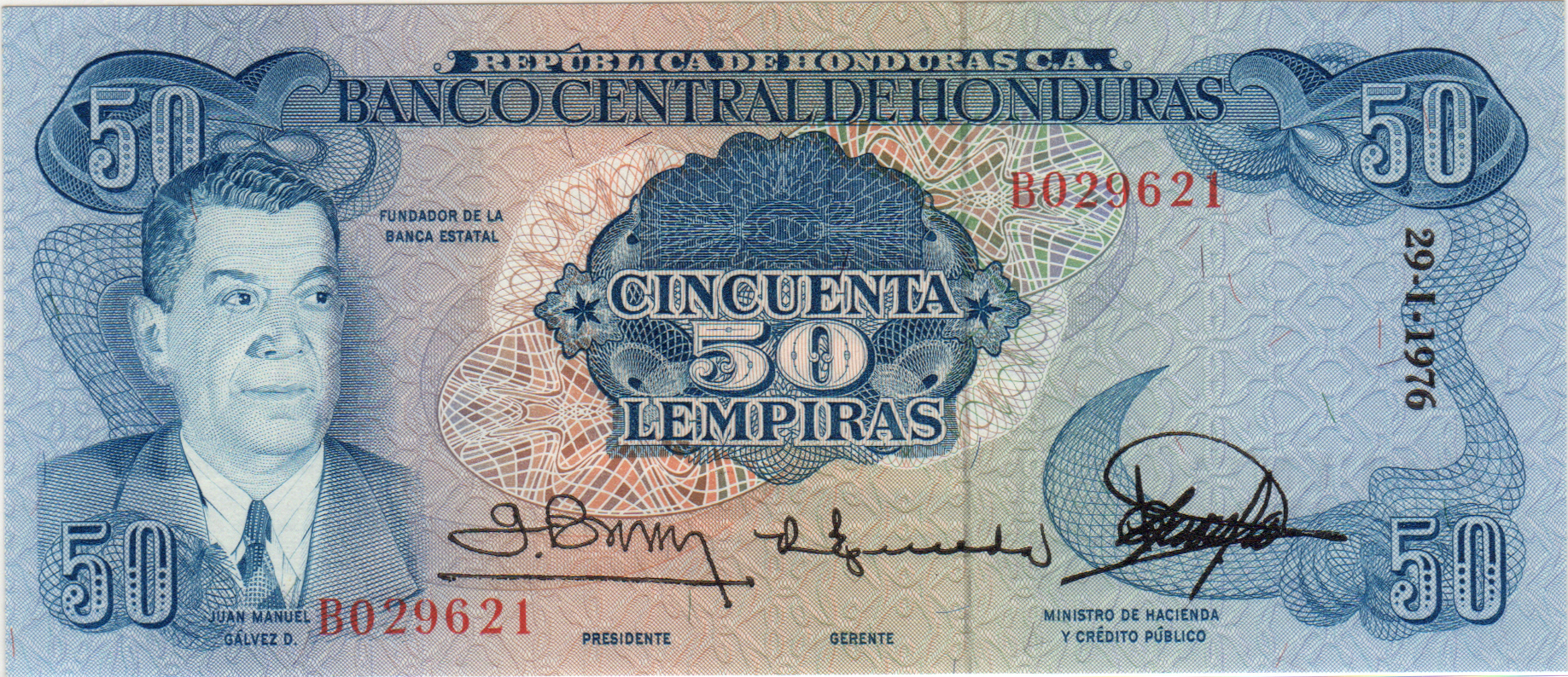  29-I-1976 Sig 12: Bueso/Euceda/Zavala Vertical date to right of wmk area Caption: Banco Nacional de FOMENTO (National Bank of Public Works) Prefix B 