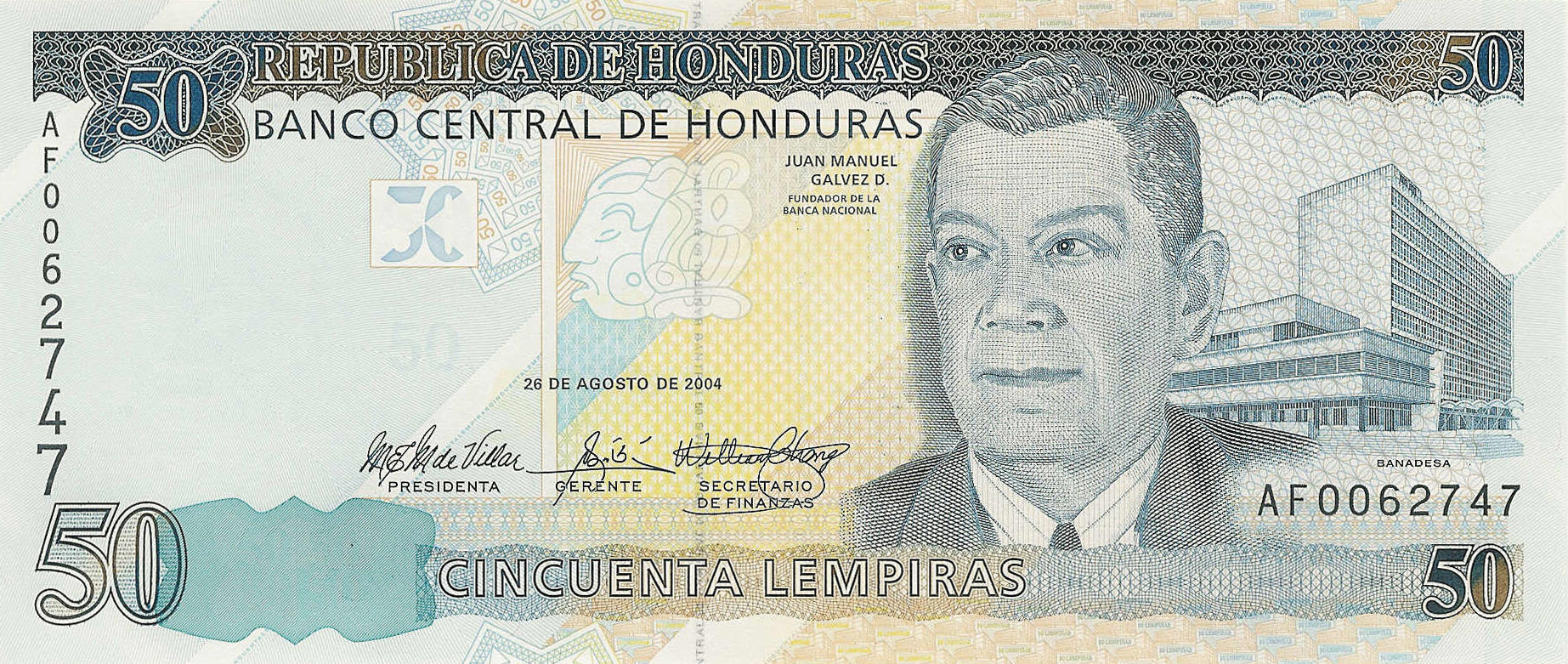  26 DE AGOSTO DE 2004 Sig 26: Mondragón/Pavon/Chong Printer: GIESECKE & DEVRIENT Prefix AF, AG 