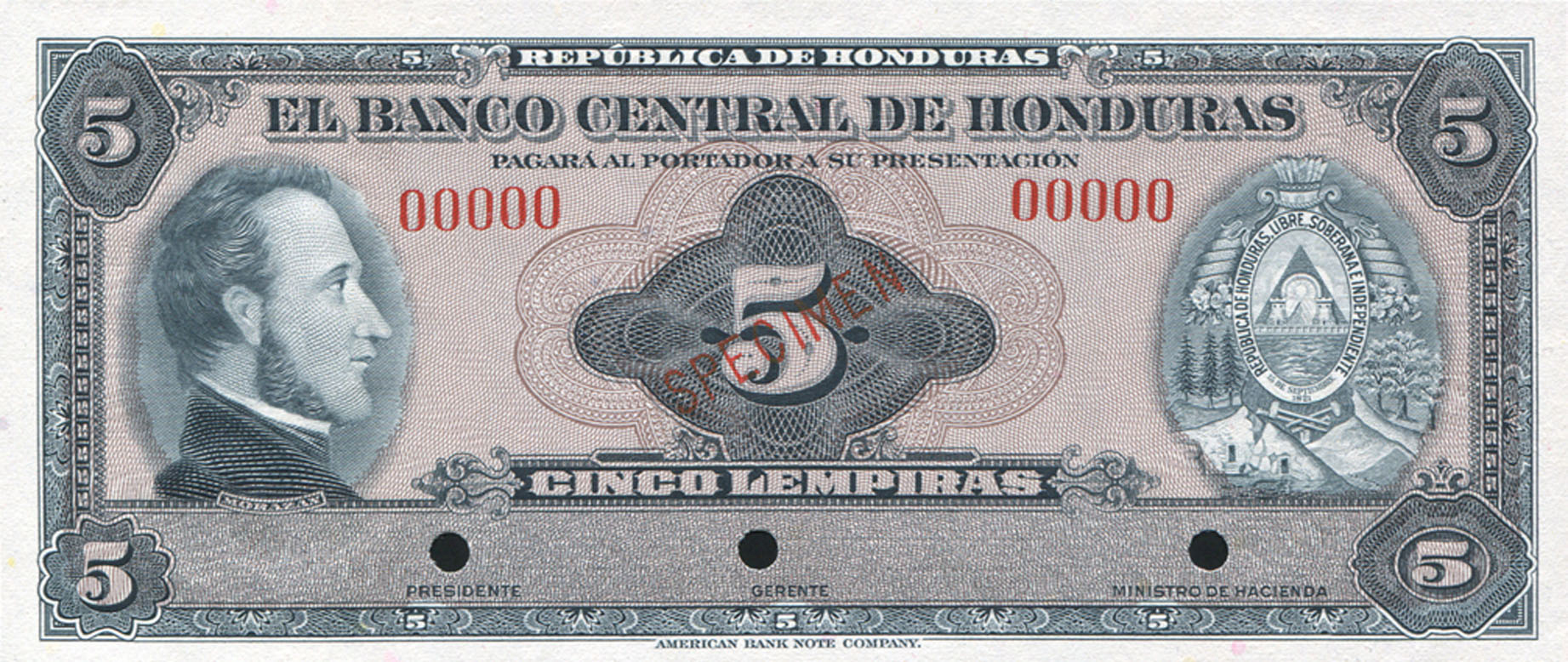  Diagonal red SPECIMEN ovpt front; no date; no sig ; all-zero s/n 