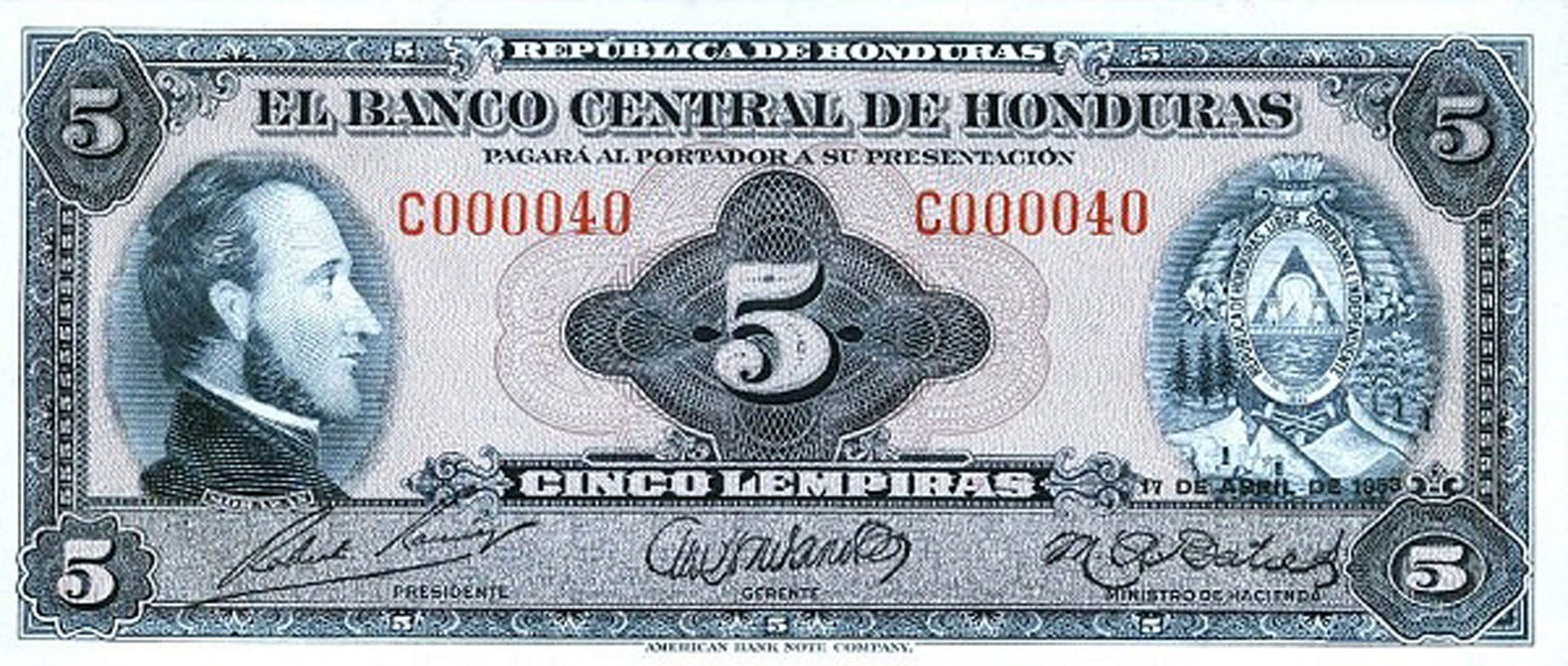  17 DE ABRIL DE 1953 Sig 1: Ramírez/Medrano/Batres Horizontal date lower right front Prefix C 5,000,000 notes (all varieties) 