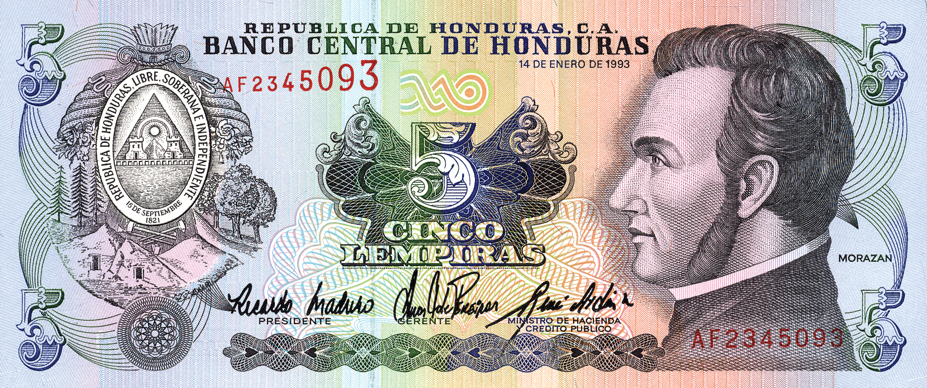  14 DE ENERO DE 1993 Sig 21: Maduro/Mejia/Ardon Solid security thread with printed BANTRAL Printer: THOMAS DE LA RUE & COMPANY, LIMITED Intaglio back Novel red s/n upper left front Prefix AE, AF 
