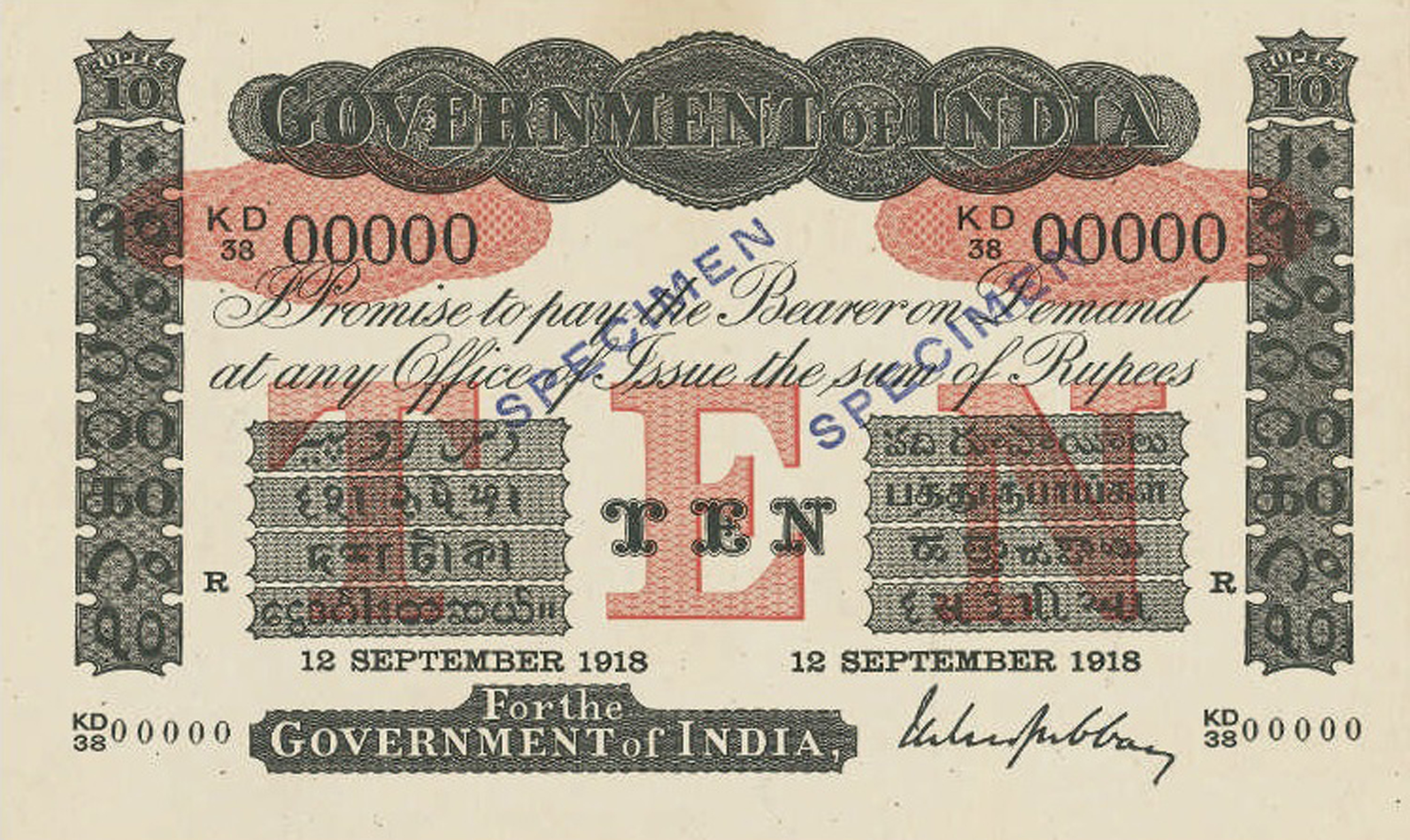  Two diagonal SPECIMEN ovpts front; 12 SEPTEMBER 1918; all-zero s/n 