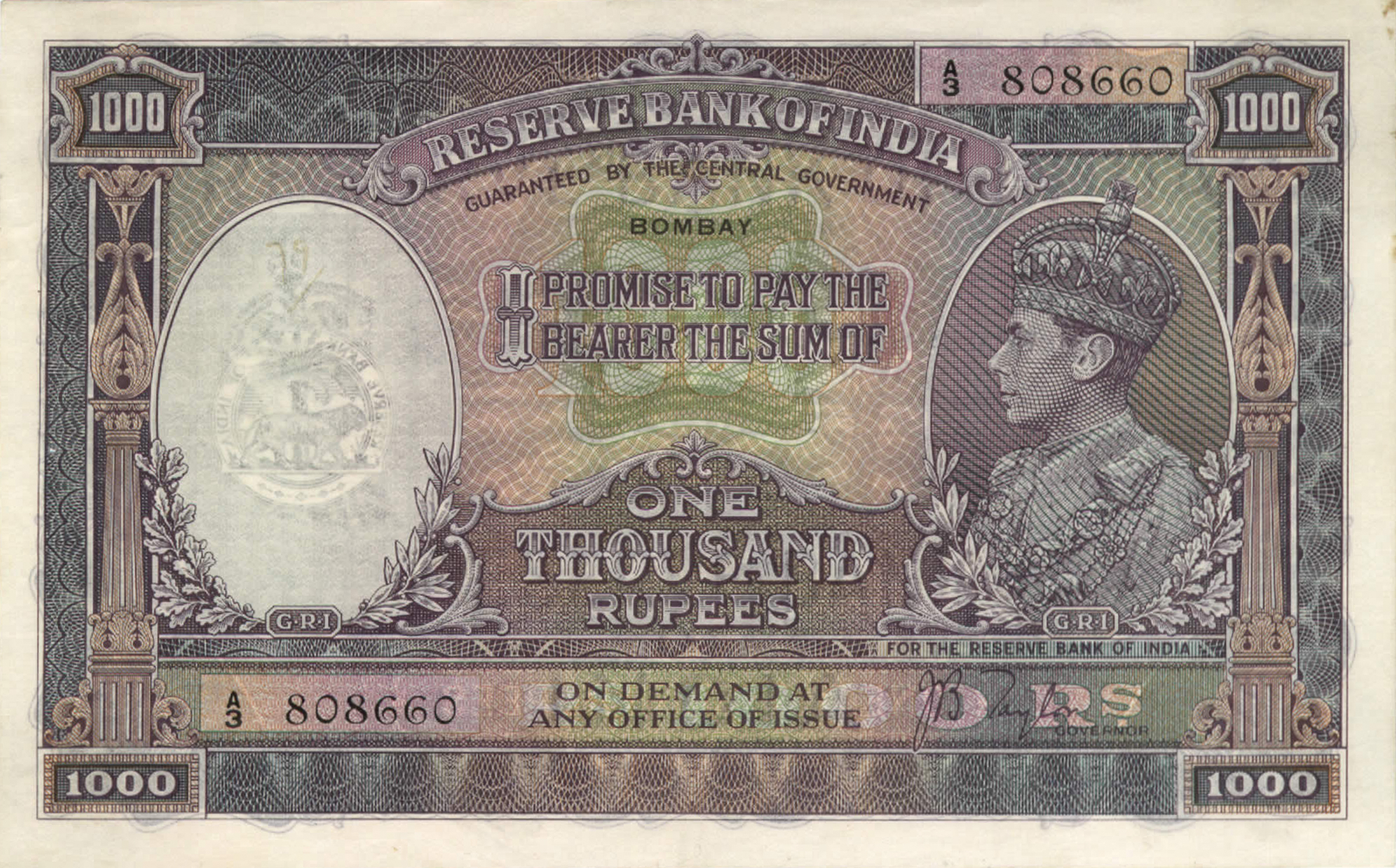  No date Sig 1: Taylor BOMBAY ovpt Prefix A3, A7 Intro: 00 06 1938 