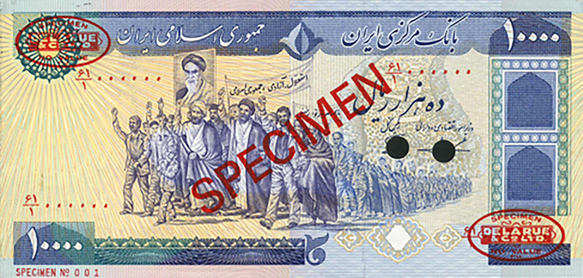  Diagonal red SPECIMEN and DLR oval ovpts front/back; horizontal red SPECIMEN No # ovpt lower left front; all-zero s/n 