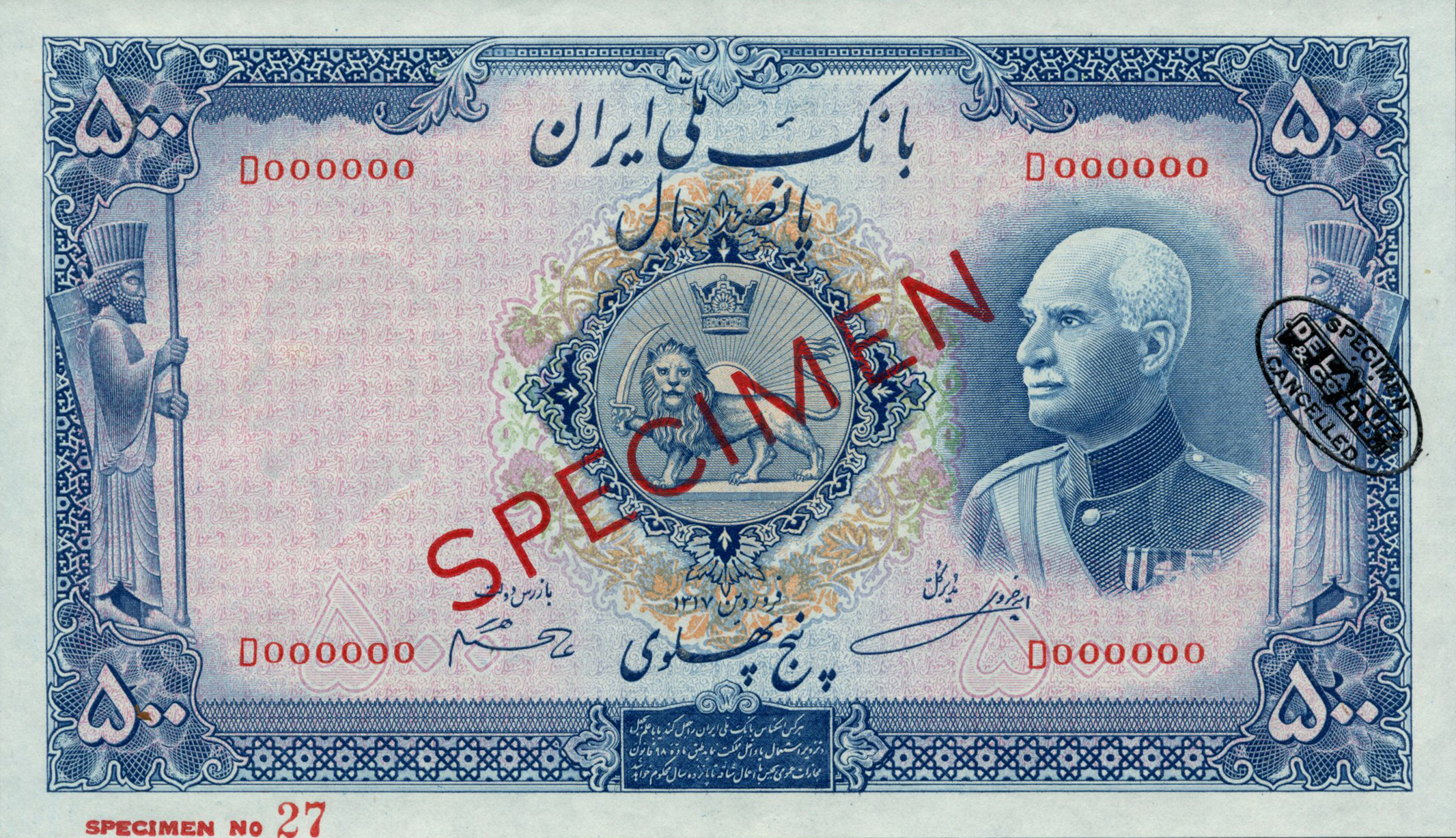  Diagonal black DLR oval ovpt; diagonal red SPECIMEN ovpt; horizontal red SPECIMEN NO # ovpt lower left, all-zero s/n 