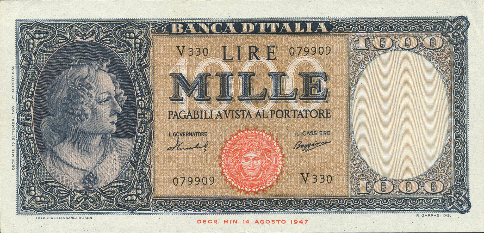  15 SETTEMBRE 1959 Sig 12: Menichella/Boggione Printer: (Officina della Banca d’Italia di Roma) Series R286 - V381 
