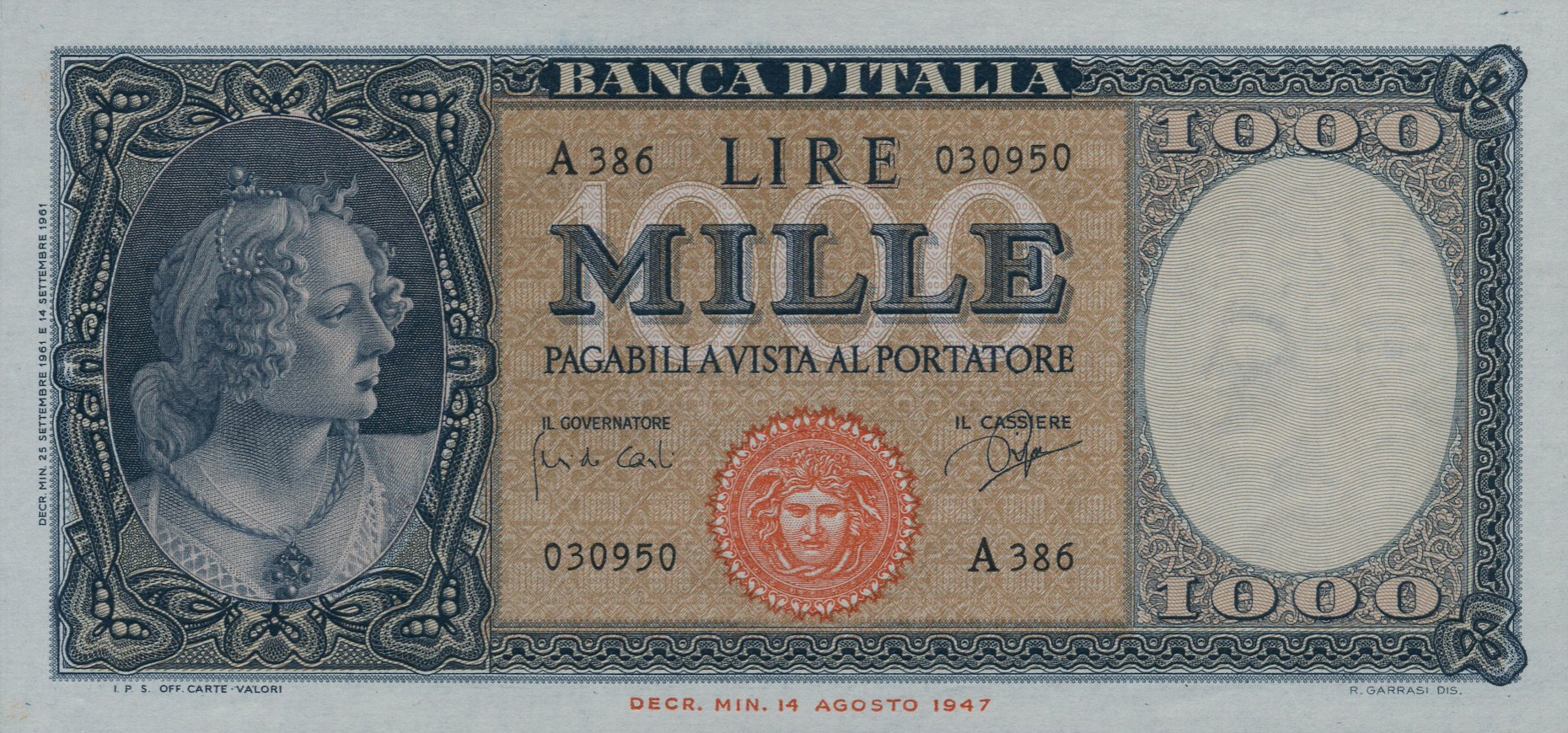  25 SETTEMBRE 1961 Sig 13: Carli/Ripa Printer: (Officina dell’Istituto Poligrafico dello Stato di Roma) Series Z381 - H453 