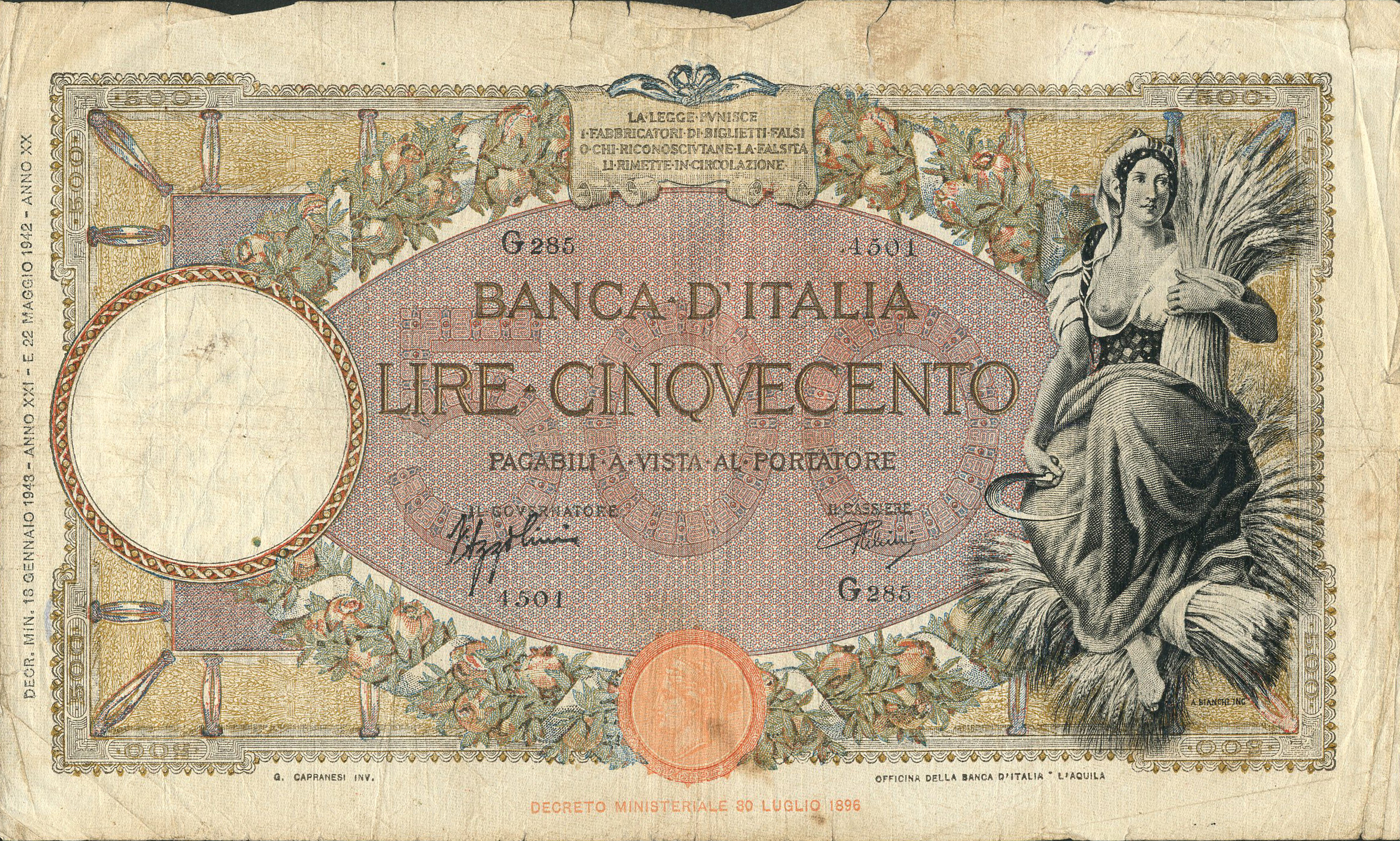  21 10 1942 - 17 05 1943 Printer: OFFICINA DELLA BANCA D’ITALIA - L’AQUILA Series A261 - V292 