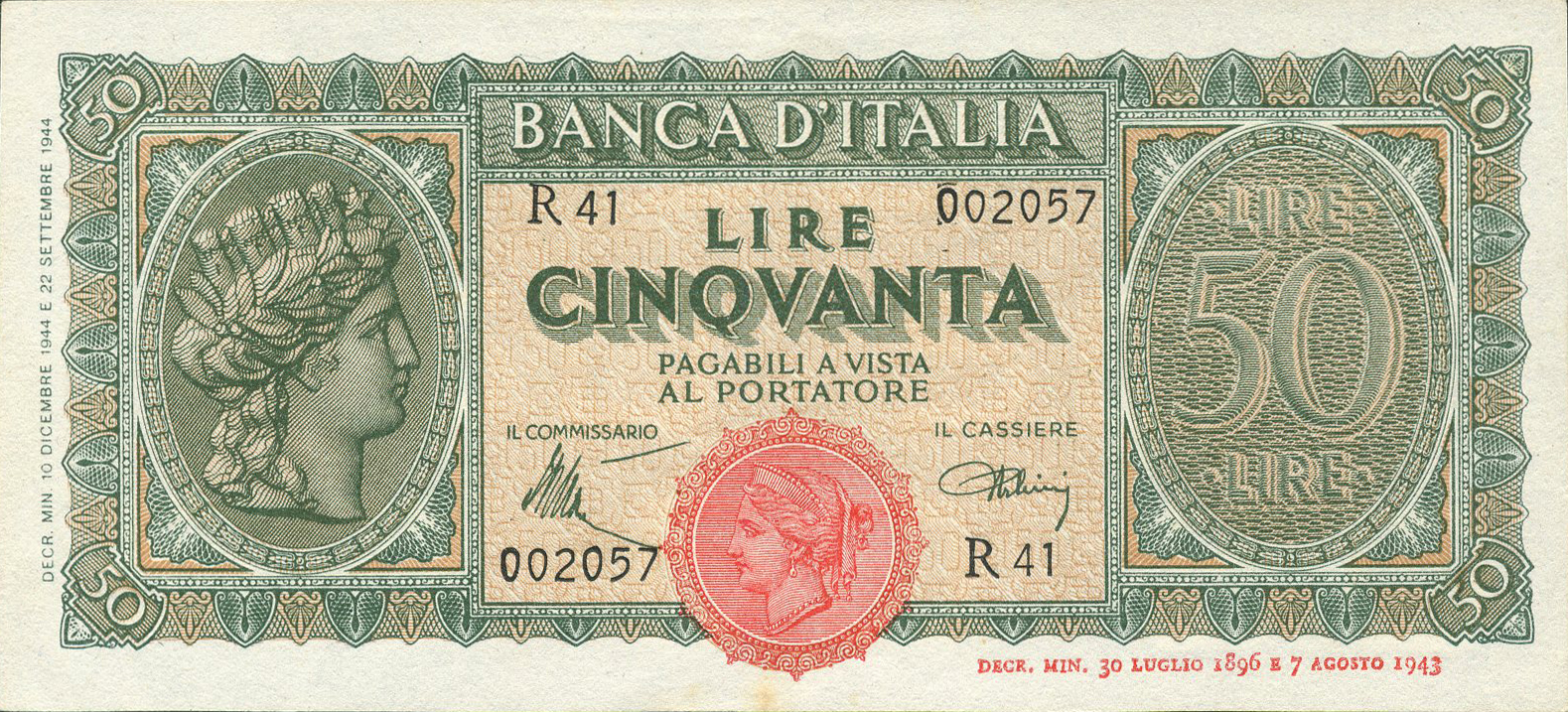  10 DICEMBRE 1944 Sig 9: Introna/Urbini Printer: (Officina dell’Istituto Poligrafico dello Stato di Roma) Series A1 - M63 Intro: 00 08 1946 
