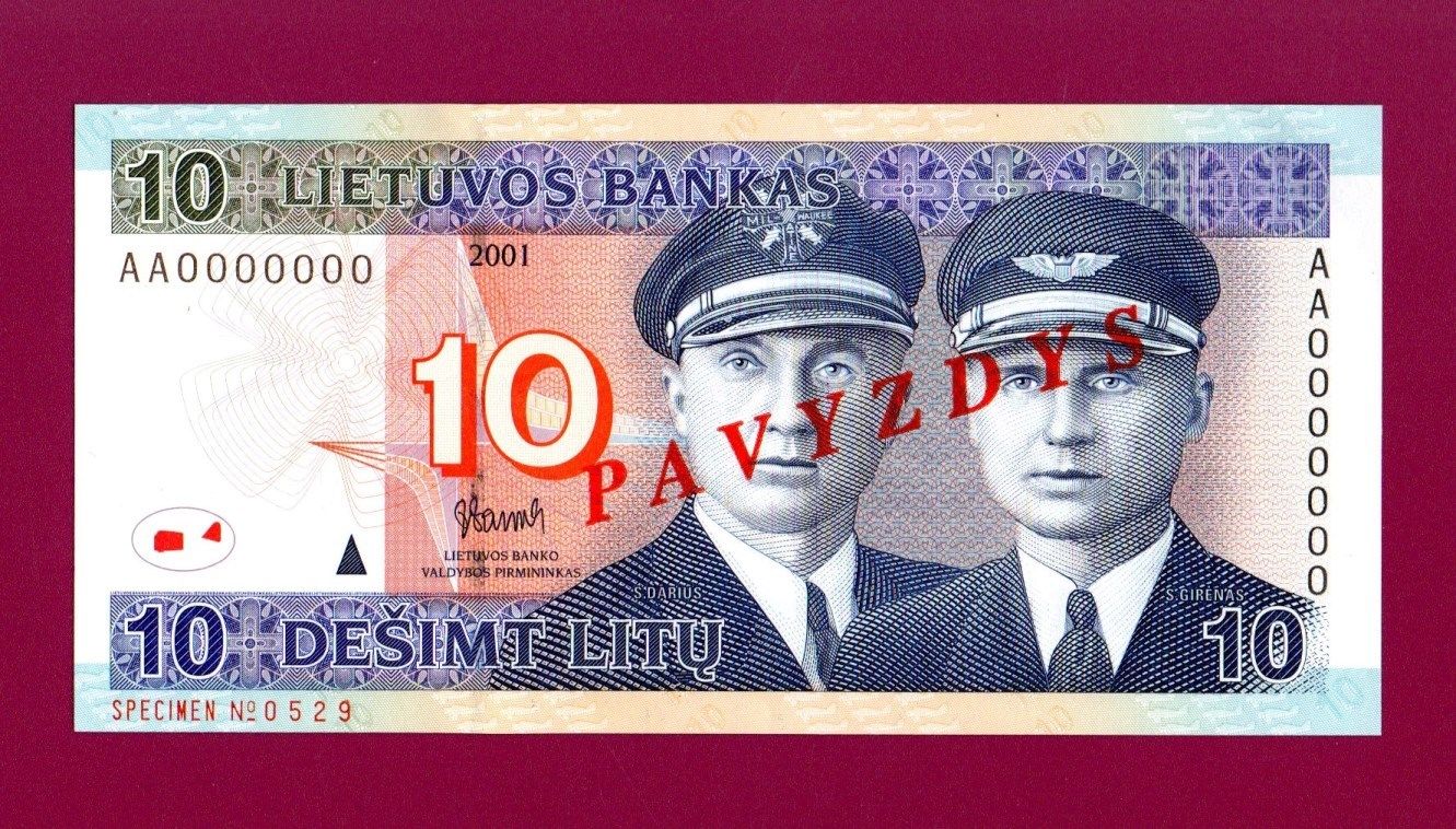  Diagonal red PAVYZDYS ovpt front; horizontal red SPECIMEN No # ovpt lower left; diagonal red SPECIMEN ovpt back; all-zero s/n 