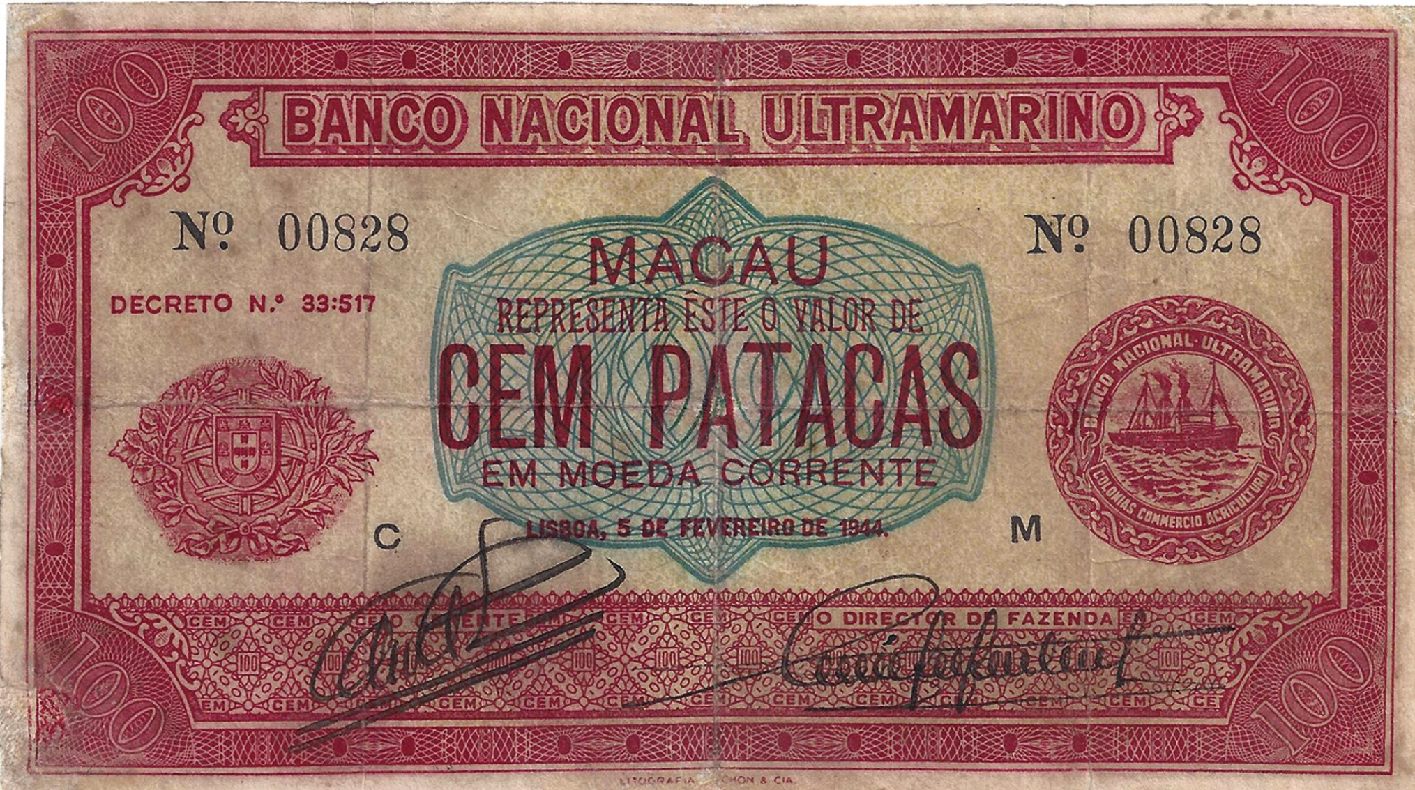  5 de Fevereiro de 1944 Printed and stamped/handwritten sig 67,000 notes Intro: 00 05 1944 