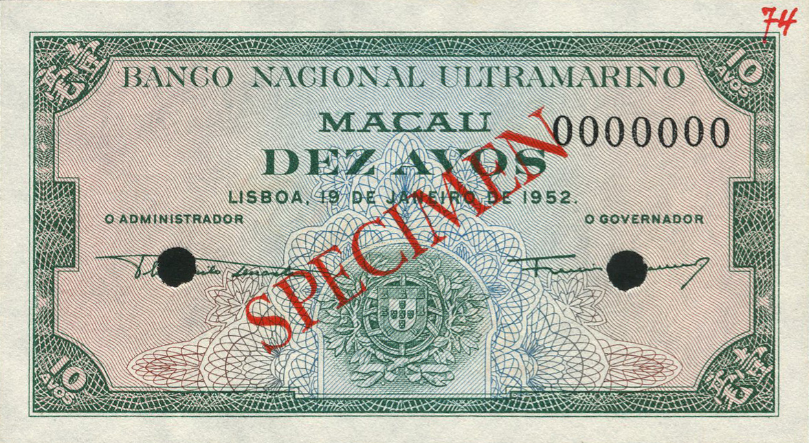  Diagonal red SPECIMEN ovpt front/back; all-zero s/n 