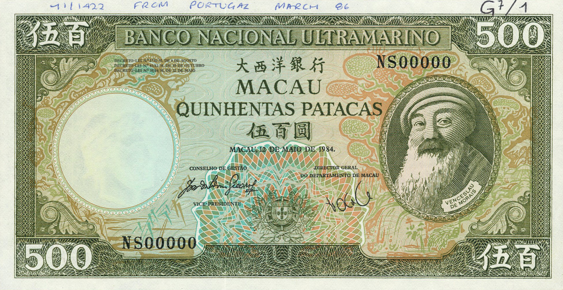 Macau Banco Nacional Ultramarino Currency & Banknote Values