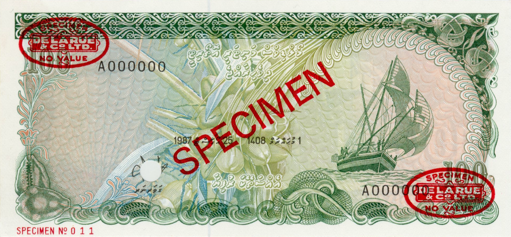  Diagonal red SPECIMEN and DLR oval ovpts front/back; horizontal red SPECIMEN No # ovpt lower left front; all-zero s/n 