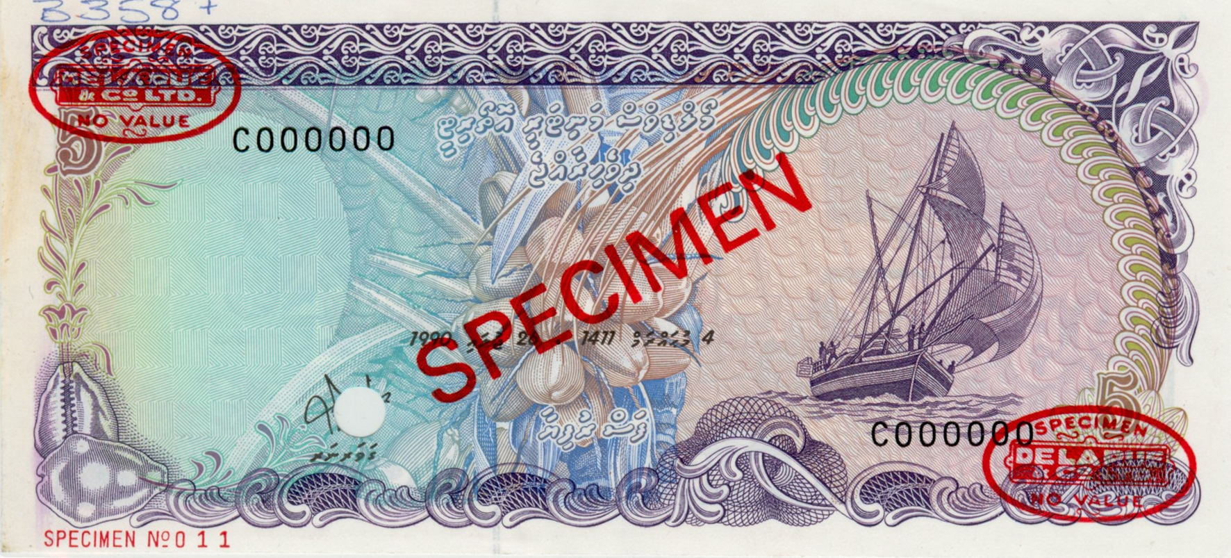  Diagonal red SPECIMEN and DLR oval ovpts front/back; horizontal red SPECIMEN No # ovpt lower left front; all-zero s/n 