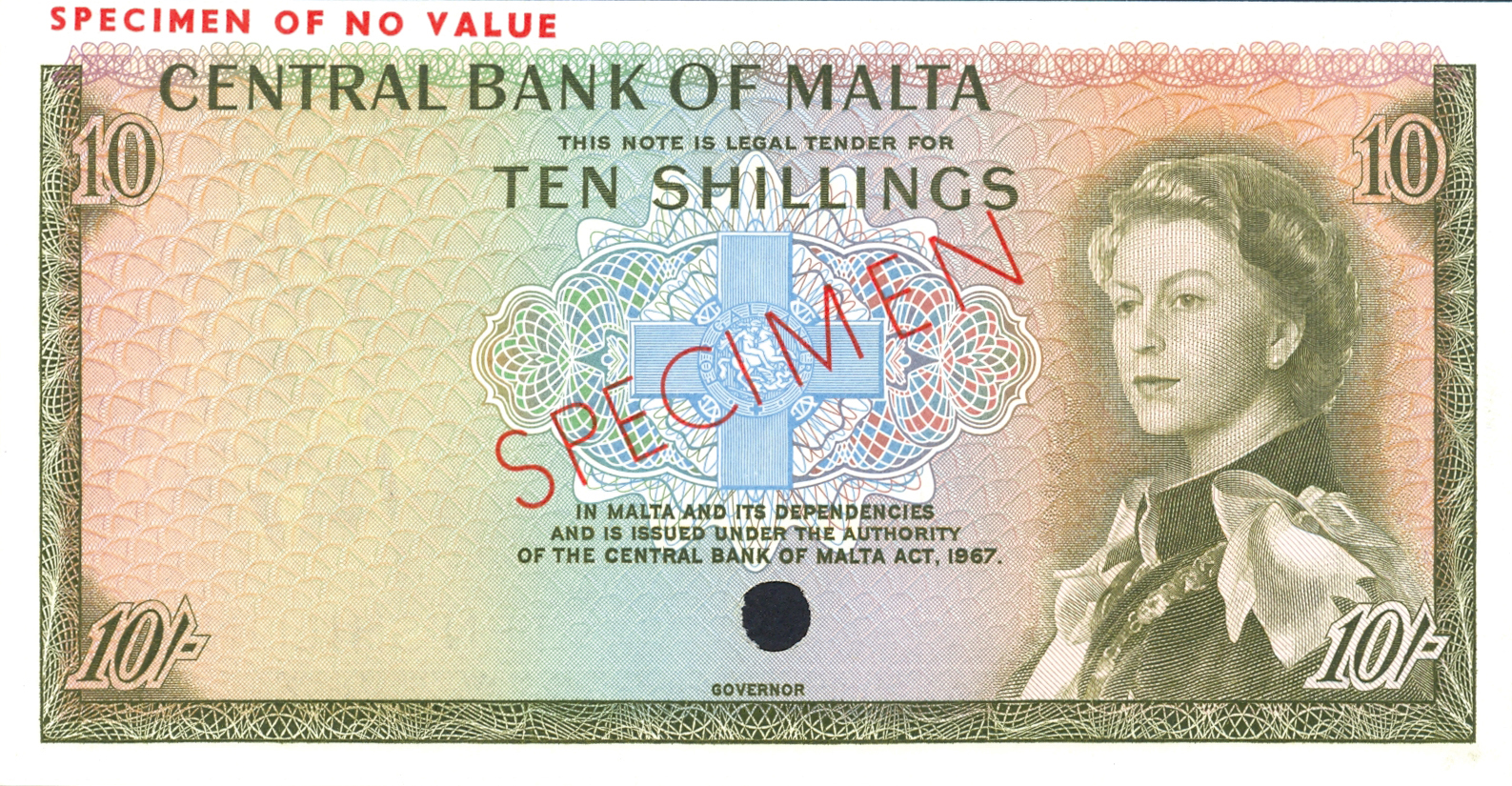  Olive green; diagonal red SPECIMEN ovpt front/back; horizontal red SPECIMEN OF NO VALUE ovpt upper left front/back; no date; no sig ; no s/n 