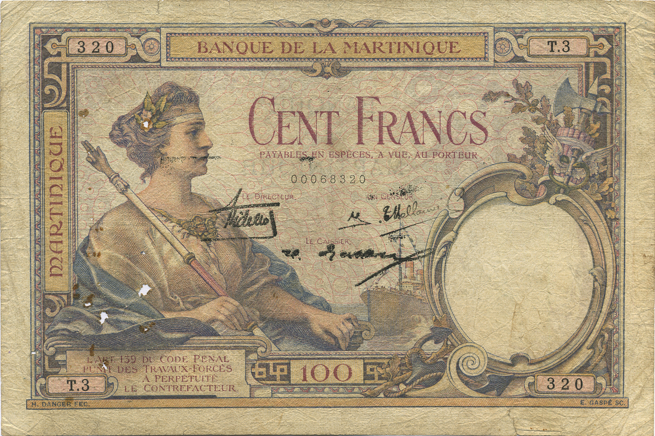  No date Without horizontal red 100 ovpt in upper left and right front Sig Didellot/Pradeu/Bellonie Series T 3 - C 6 Intro: 1930 