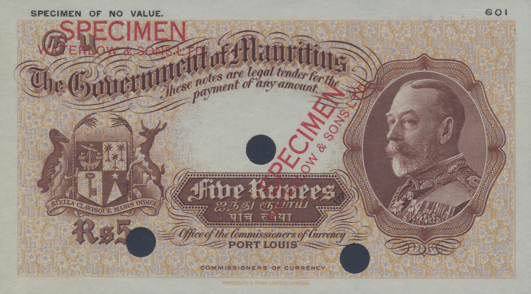  Brown; two horizontal and diagonal red SPECIMEN / WATERLOW & SONS LTD ovpts front/back; horizontal black SPECIMEN OF NO VALUE ovpt upper left front/back; no sig ; ino s/n 