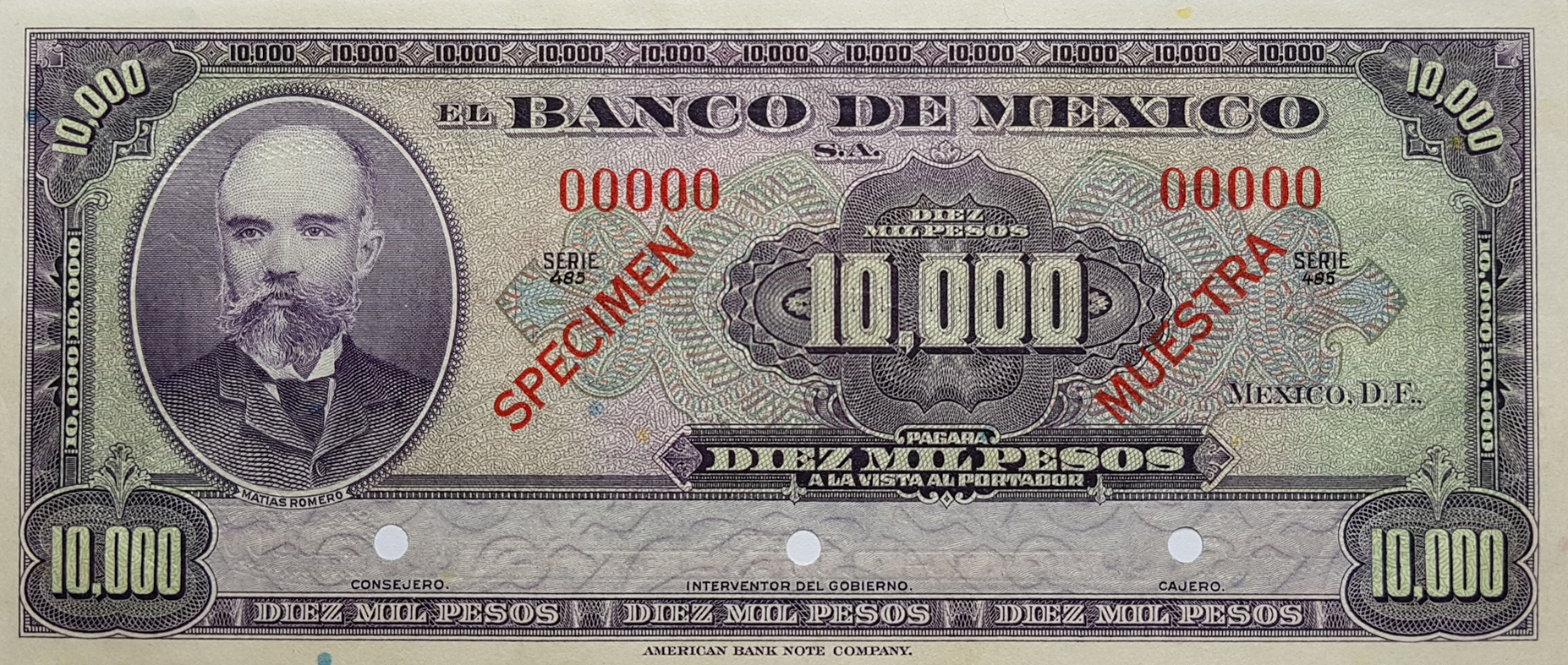  Diagonal red SPECIMEN / MUESTRA ovpts front/back; no date; no sig ; all-zero s/n; INTERVENTOR DEL GOBIERNO center title 