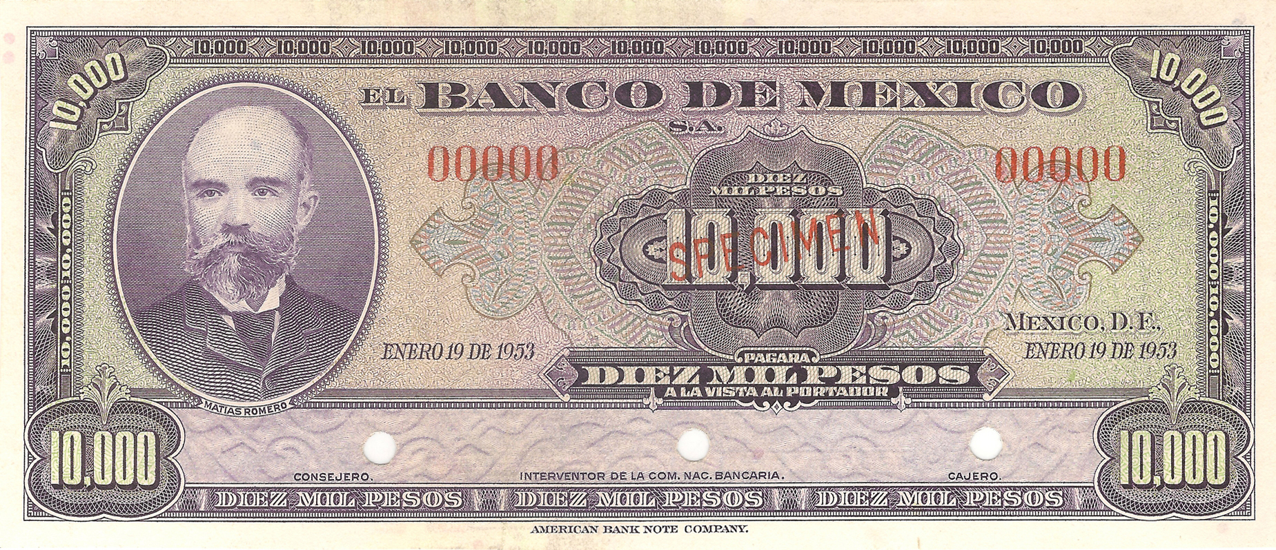  Diagonal red SPECIMEN ovpt front; no sig ; all-zero s/n 