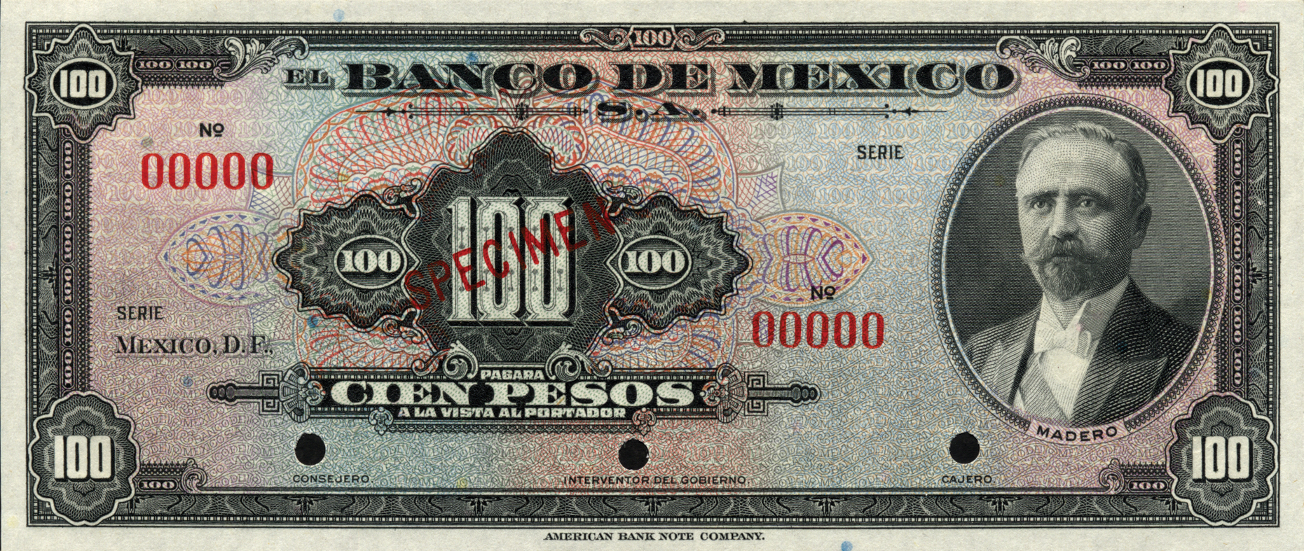  Diagonal red SPECIMEN ovpt front; no date; no sig ; no series; all-zero s/n 