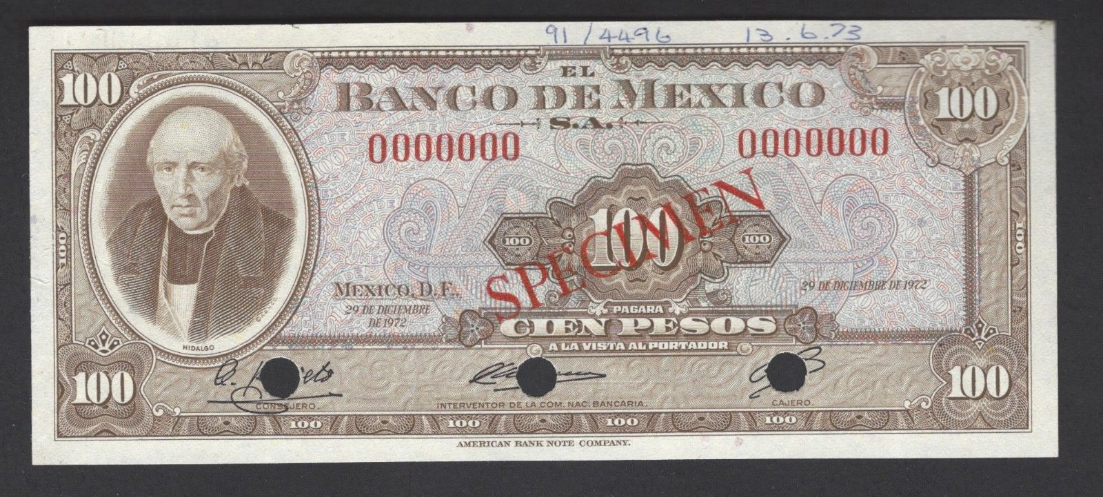  Diagonal red serif SPECIMEN ovpt front; no series; all-zero s/n 