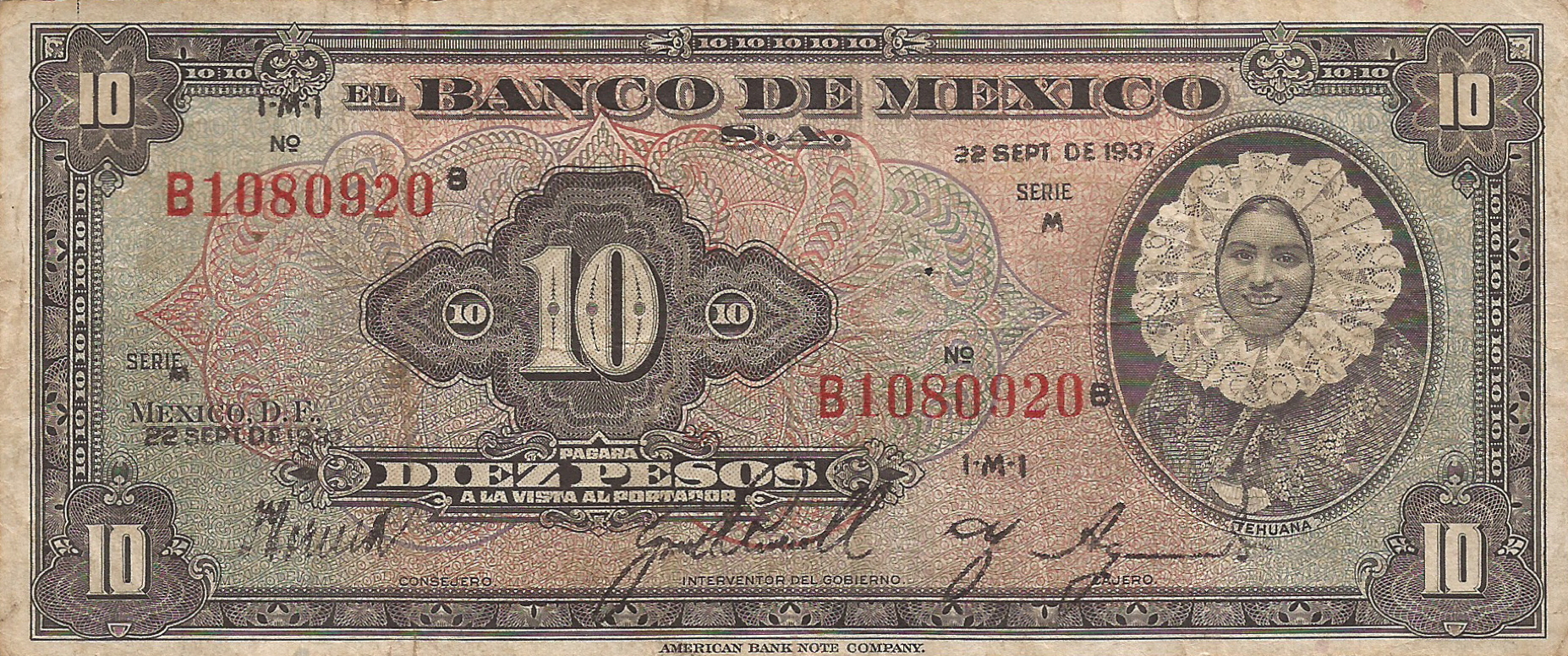  22 SEPT DE 1937 Sig 3: Aguado Series M Prefix A, B Center title: INTERVENTOR DEL GOBIERNO 