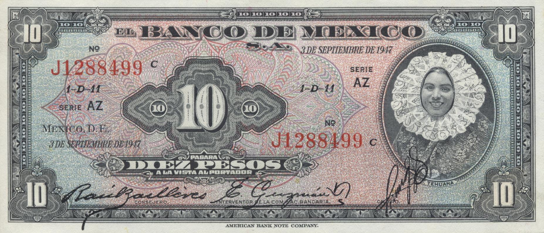  3 DE SEPTIEMBRE DE 1947 Series AK - AZ Prefix G - J Center title: INTERVENTOR DE LA COM NAC BANCARIA 