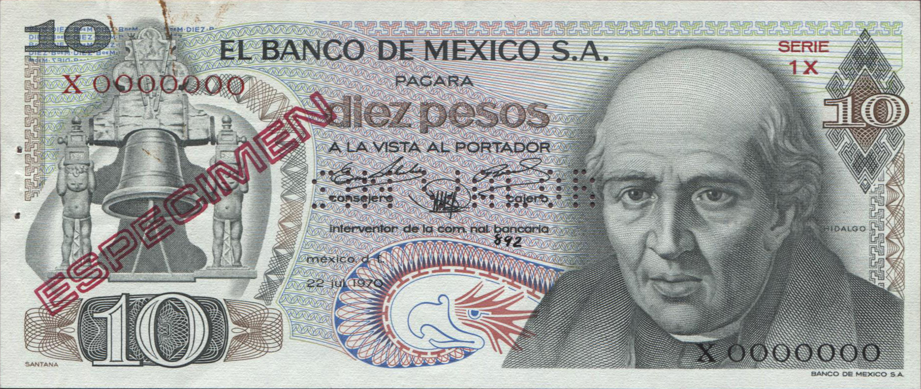  Diagonal red hollow ESPECIMEN ovpt front/back; horizontal SIN VALOR perf; series 1X, all-zero s/n 