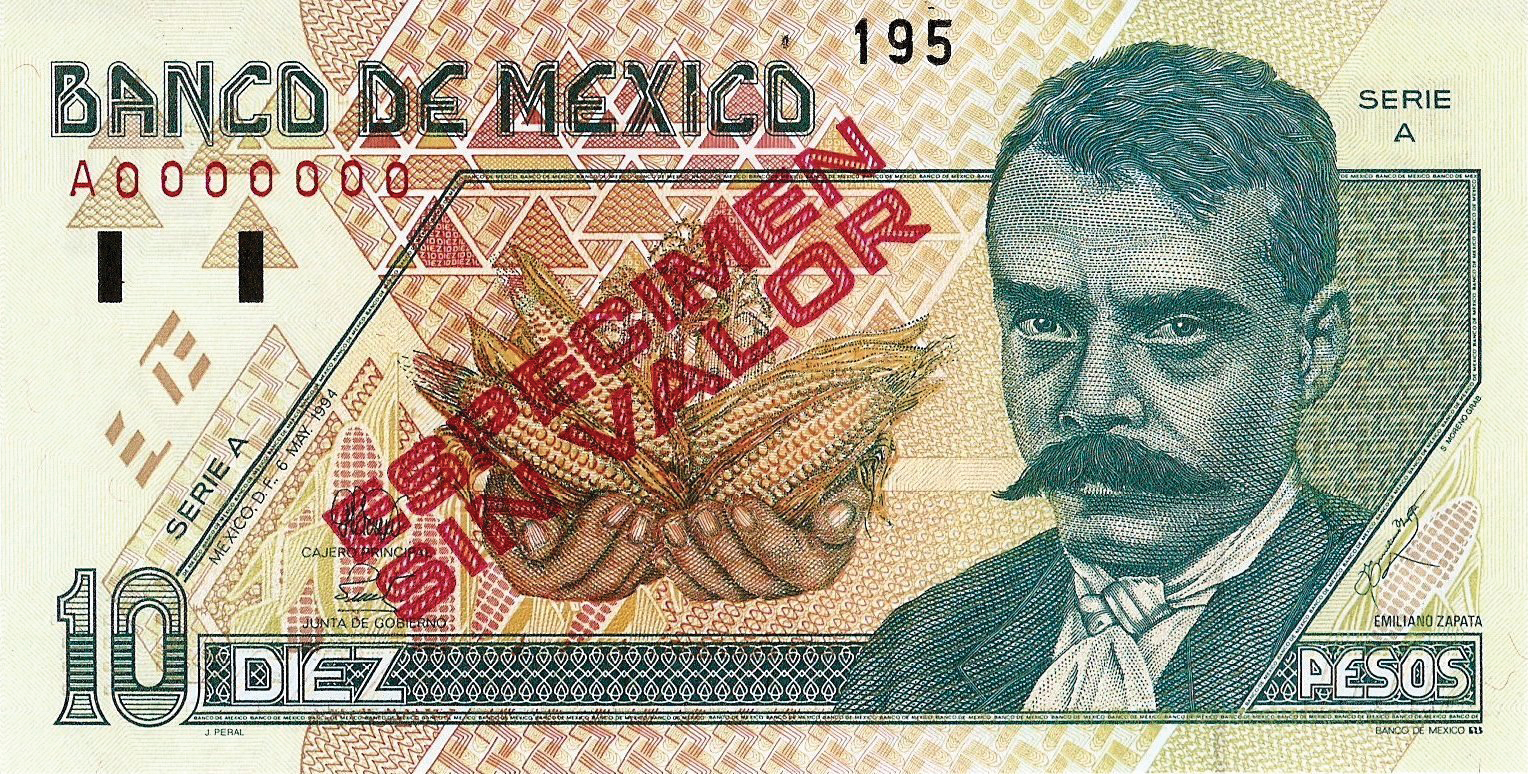  Diagonal red hatched ESPECIMEN / SIN VALOR ovpt front/back; all-zero s/n 