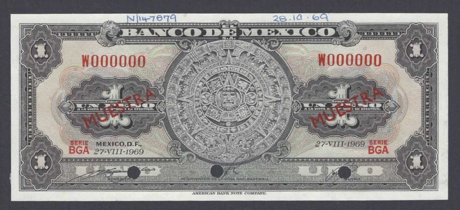  Diagonal red SPECIMEN / MUESTRA ovpts front/back; all-zero s/n 