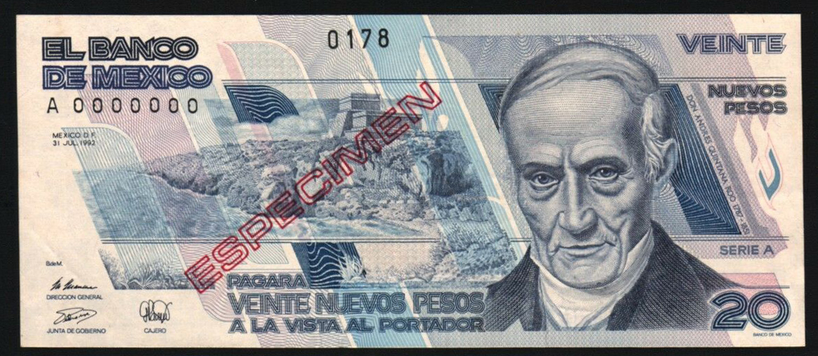  Diagonal red hollow ESPECIMEN ovpt front/back; horizontal black # ovpt upper center front; all-zero s/n 