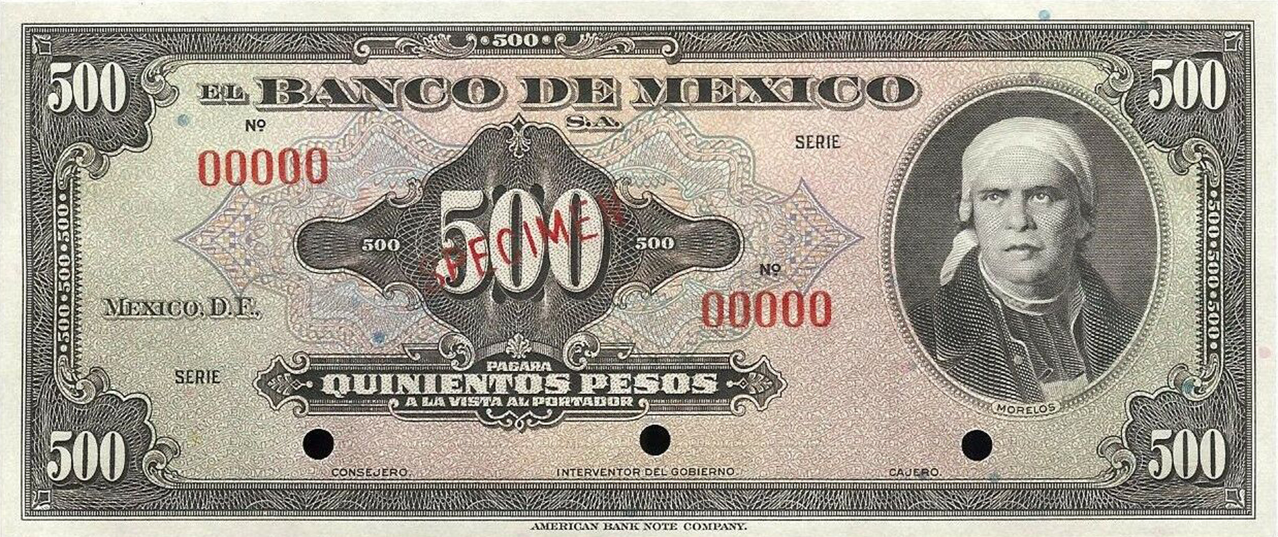  Diagonal red SPECIMEN ovpt front; no date; no sig ; all-zero s/n 