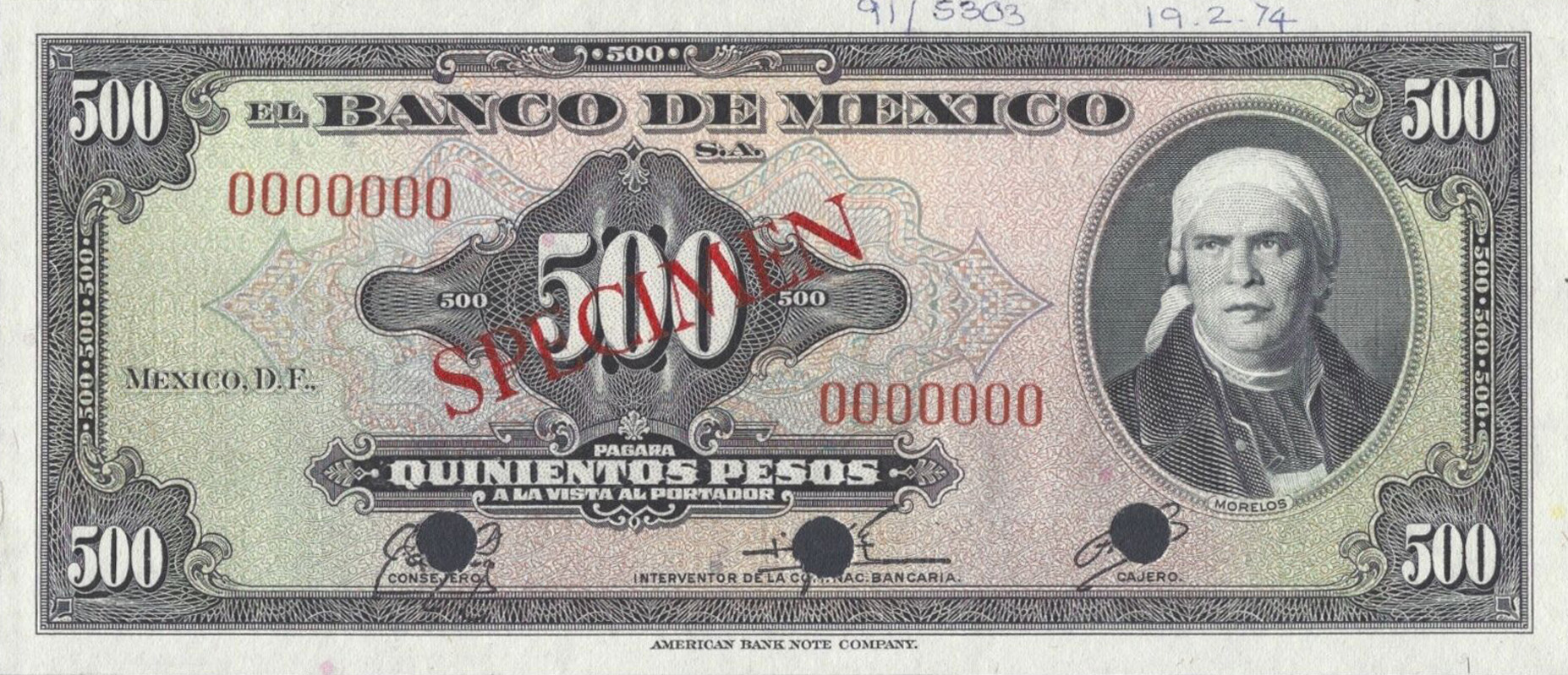  Diagonal red serif SPECIMEN ovpt front; no date; sig 6: Romo; no series; all-zero s/n 