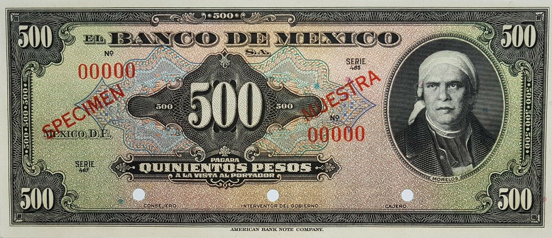  Diagonal red SPECIMEN / MUESTRA ovpts front/back; no date; no sig ; all-zero s/n 