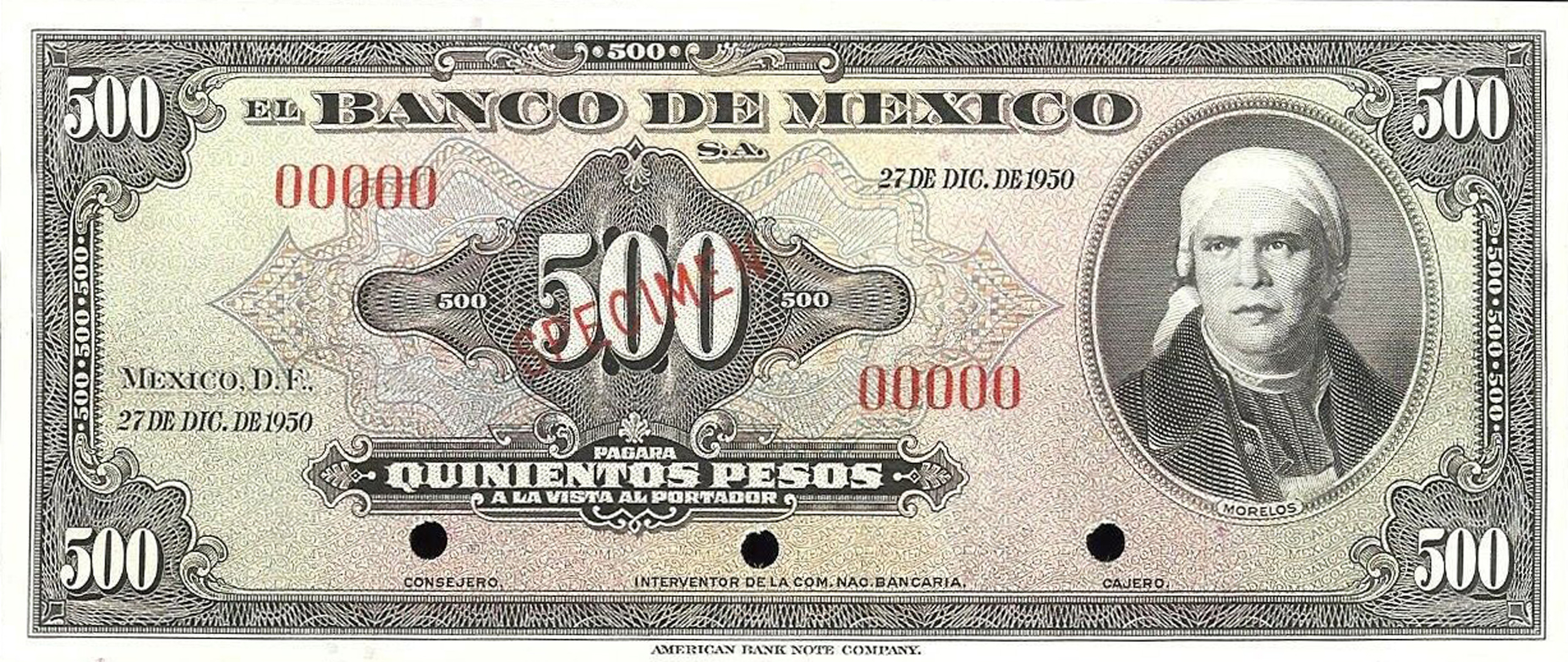  Diagonal red SPECIMEN ovpt front; no sig ; no series; all-zero s/n 