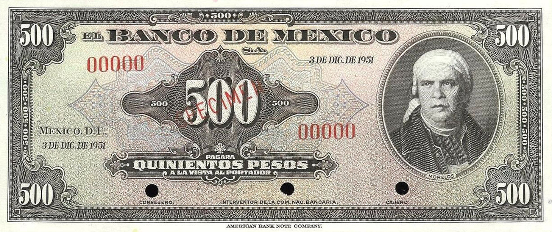  Diagonal red SPECIMEN ovpt front; no sig ; no series; all-zero s/n 