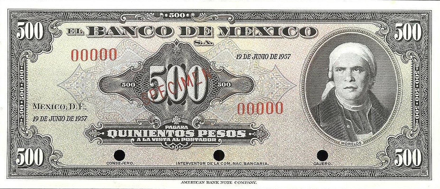  Diagonal red SPECIMEN ovpt front; no sig ; no series; all-zero s/n 