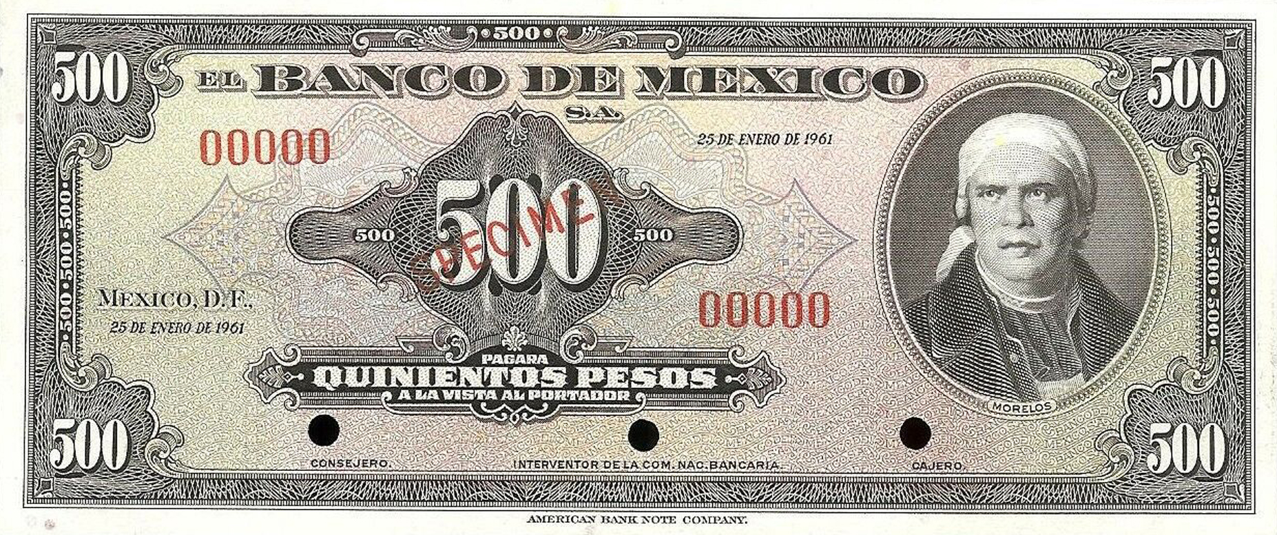  Diagonal red SPECIMEN ovpt front; no sig ; no series; all-zero s/n 