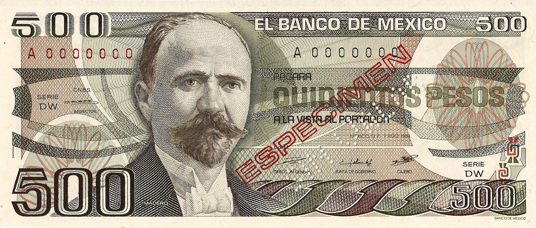  Diagonal red hollow ESPECIMEN ovpt front/back; diagonal SIN VALOR perf; all-zero s/n 