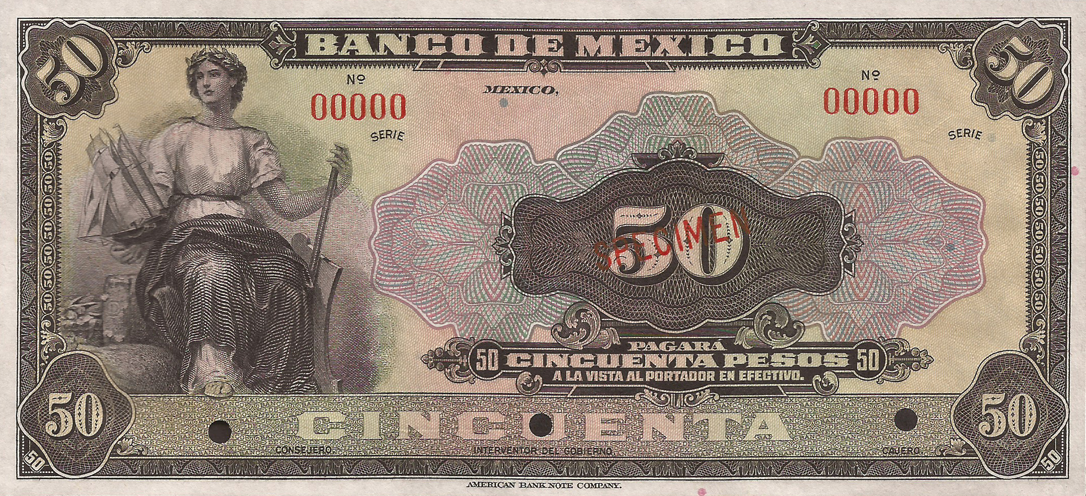  Diagonal red SPECIMEN ovpt front; no date; no sig ; no series; all-zero s/n 