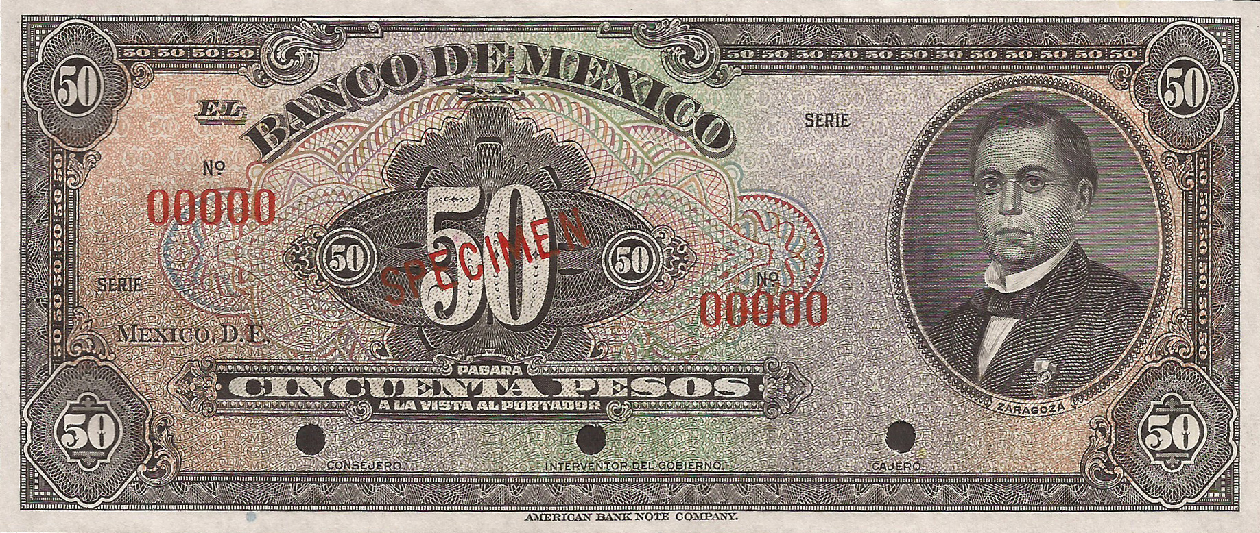  Diagonal red SPECIMEN ovpt front; no date; no sig ; no series; all-zero s/n 