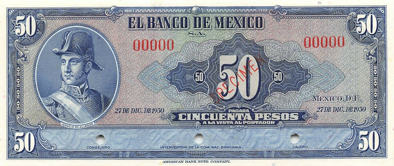  Diagonal red SPECIMEN ovpt front; no series; all-zero s/n 